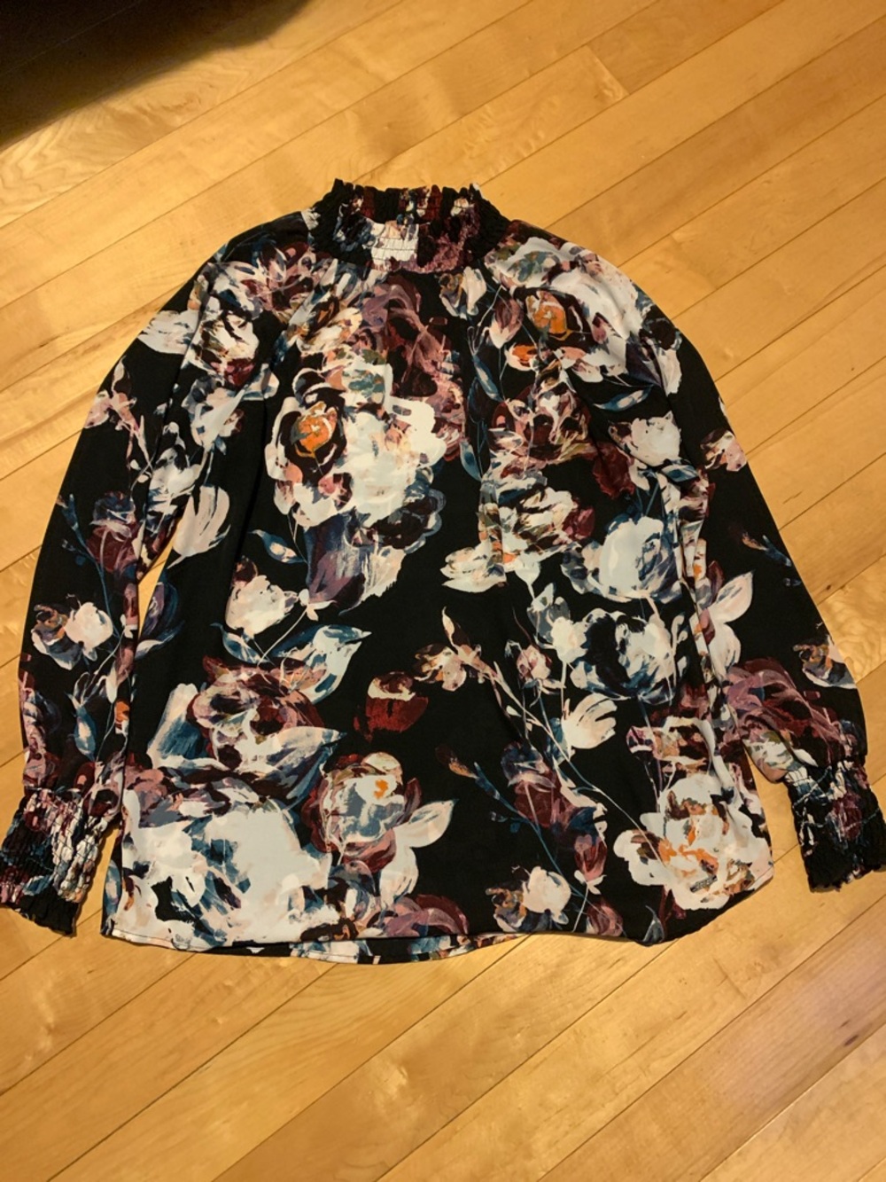 Ivanka Trump Black Floral Smocked Neck Blouse